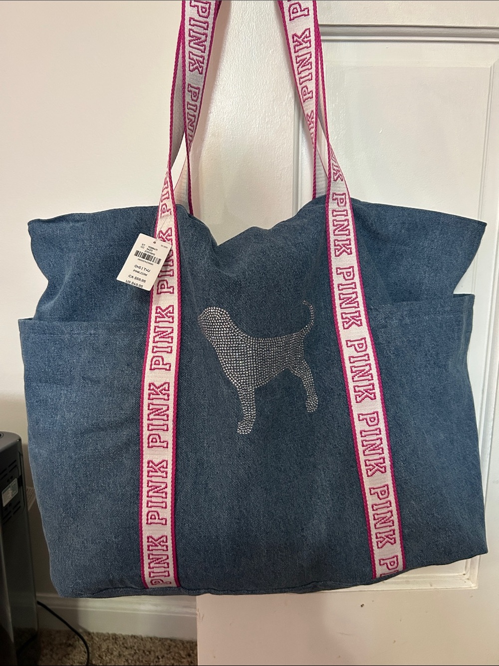 PINK Victoria's Secret Blue Denim Tote with Pink Logo Straps and Rhinestone Dog